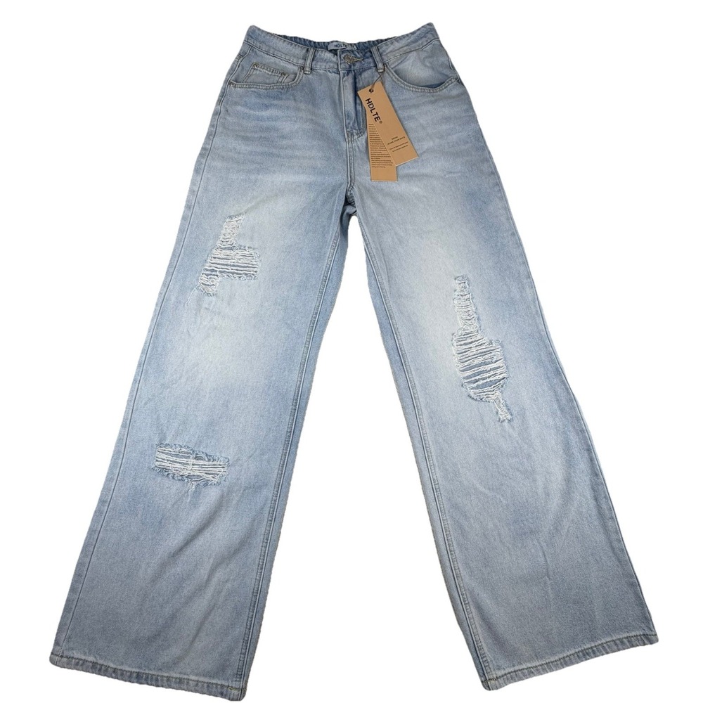 HDLTE Women's Small Jeans High Rise Baggy‎ Wide Leg Boyfriend Y2K Denim-NWT